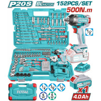 TOTAL Επαγγ.  σετ μπουλονόκλειδο μπατ Li-ion 20V / 500Nm / 4Ah / 1 μπατ 152 τεμ BL Motor THKTHP31522