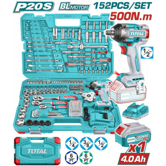 TOTAL Επαγγ.  σετ μπουλονόκλειδο μπατ Li-ion 20V / 500Nm / 4Ah / 1 μπατ 152 τεμ BL Motor THKTHP31522