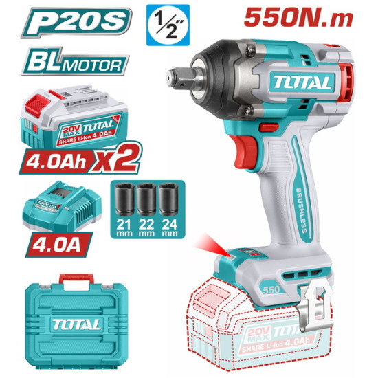 TOTAL Επαγγ. μπουλονόκλειδο μπατ. Li-ion 20V / 4Ah / 550Nm / 2 μπαταρίες BL Motor TIWLI2055E