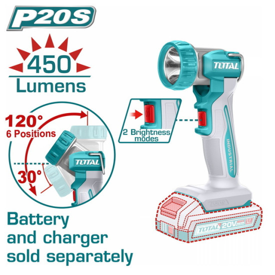 TOTAL Επαγγελματικός φακός μπατ. Li-ion 20V / 5W / 450 Lumens χωρίς μπαταρίας & φορτιστή (TWLI2058)