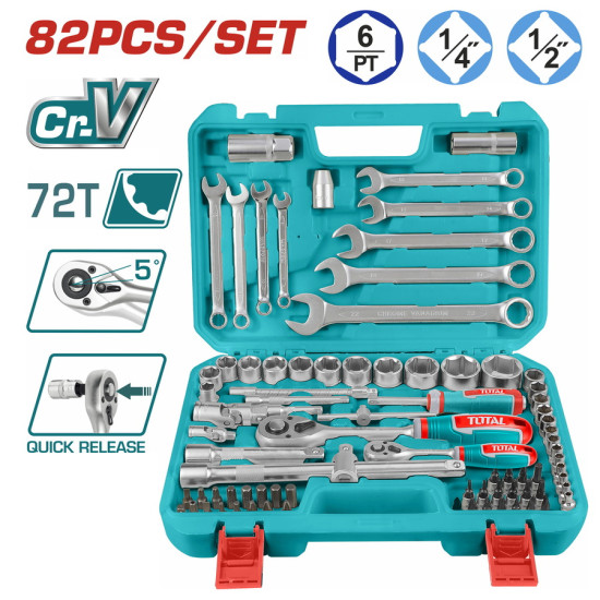 TOTAL Επαγγελματική κασετίνα καρυδάκια 1/4" & 1/2" 82 τεμάχια THT421802