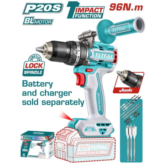 TOTAL Δραπανοκατσάβιδο κρουστικό μπαταρίας Li-ion 20V/96Nm ΧΩΡΙΣ ΜΠΑΤ & ΦΟΡΤΙΣΤΗ BL Motor TIDLI209685